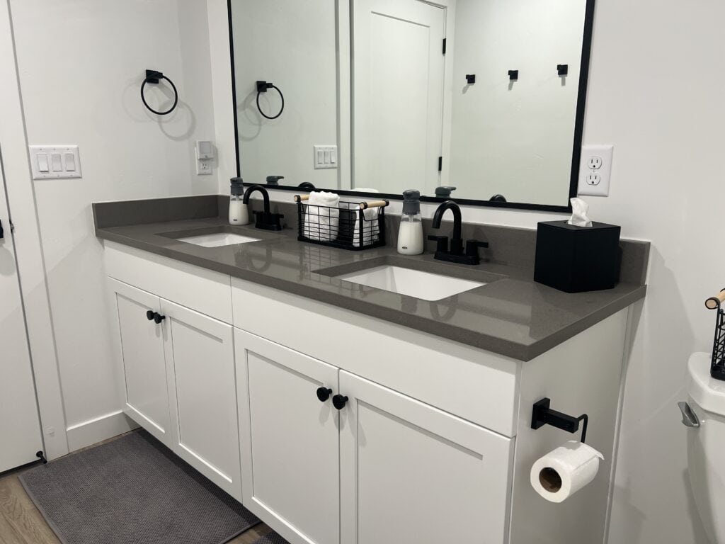 Modern bathroom with double sink vanity.